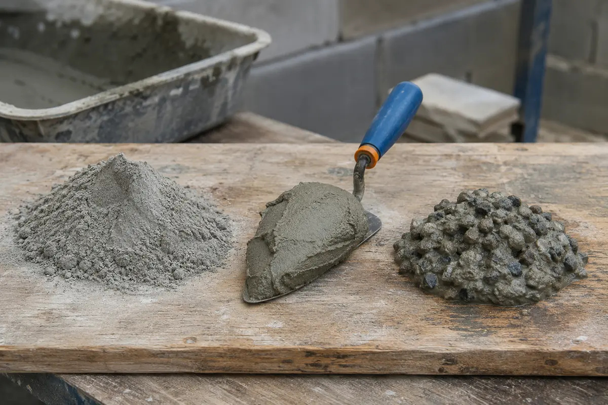 Muestras de cemento, mortero y concreto junto a herramientas de albañilería