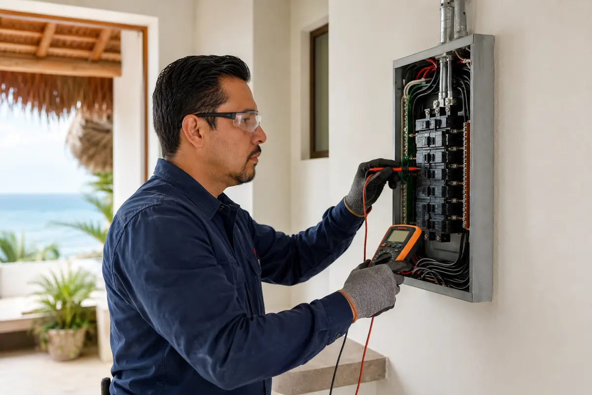 Técnico revisando un tablero eléctrico residencial con equipo de seguridad