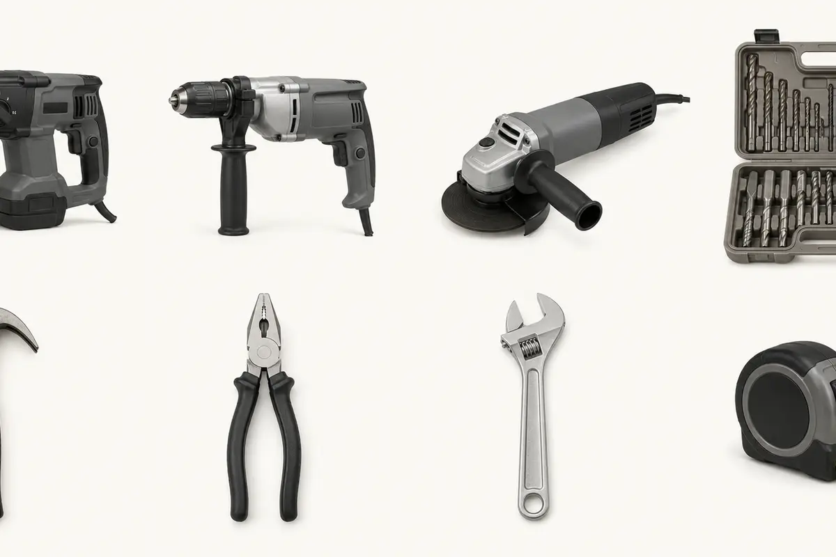 Kit doméstico con cinta métrica, pinzas, desarmadores, martillo y equipo de protección