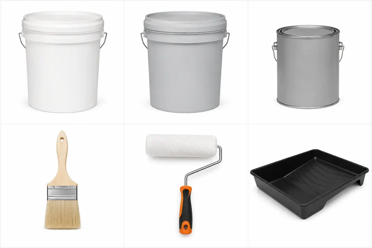 Brochas, rodillos y materiales para preparar un muro antes de pintar
